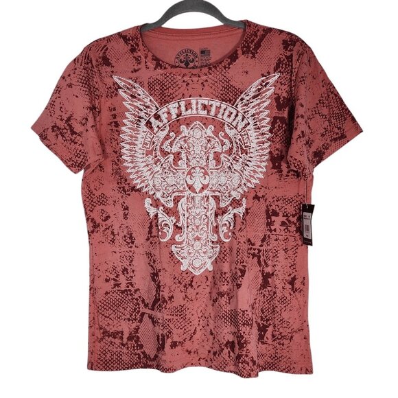 Affliction Pink Embellished Short Sleeve Tee with Snakeskin Print NWT Size Large - Picture 1 of 7